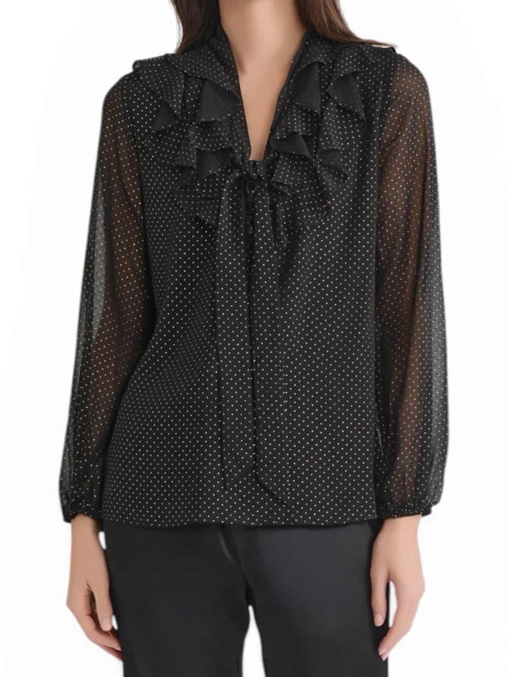 Kasper Black Ruffle Tie Front w/ Gold Dots & Sheer Long Sleeve Blouse Size S